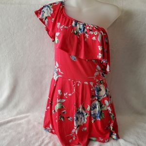 NWT Fashion Nova Flora One Shoulder/ Off Shoulder Romper Red Flora Size: Large